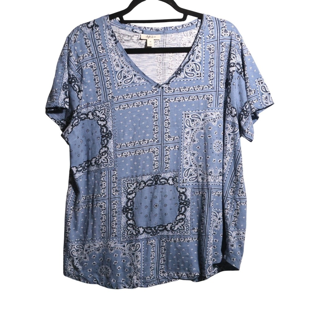 Blue Paisley Bandana Print V Neck T Shirt Top Short Sleeve Cotton Womens 2X Boho